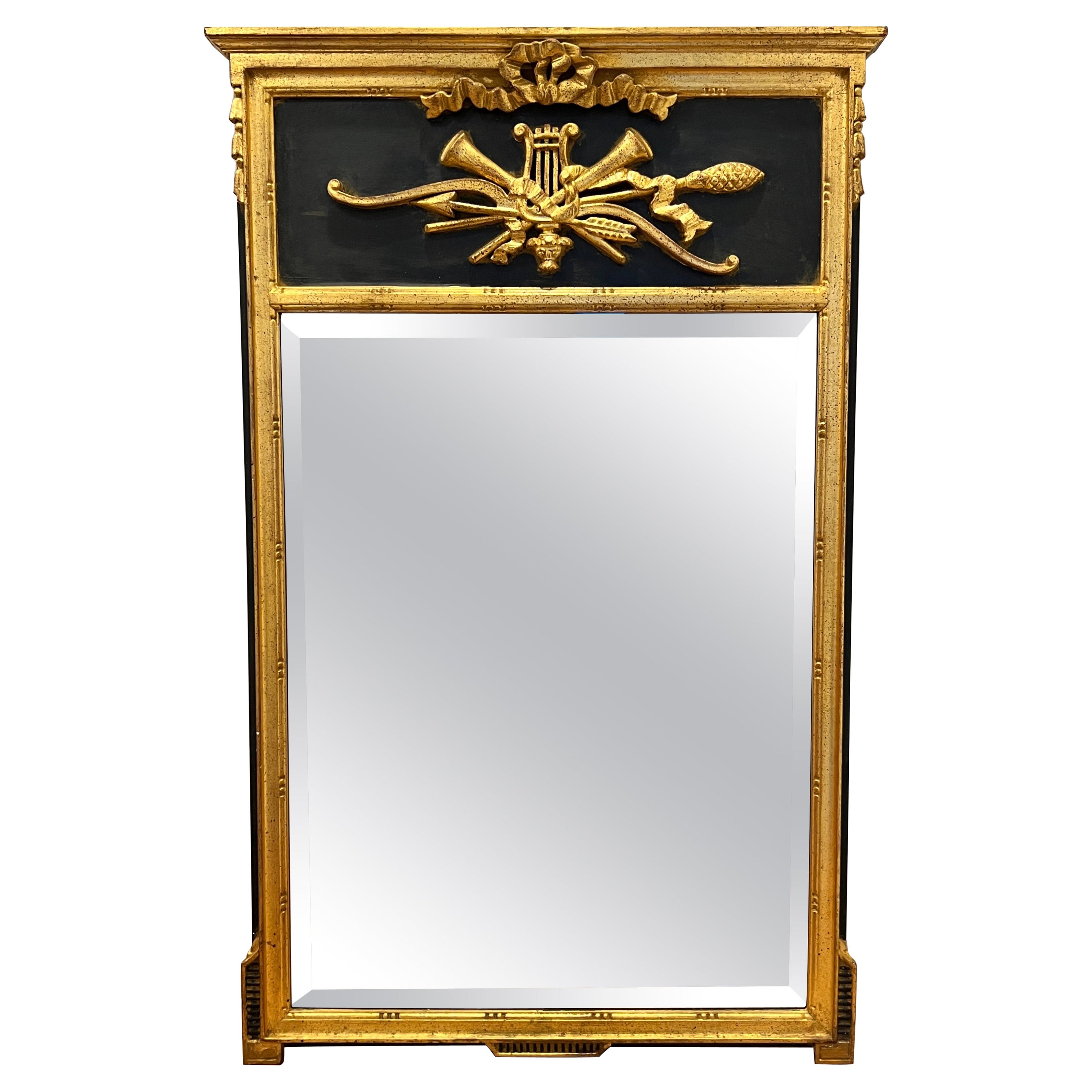 Louis XVI Neoclassical Trumeau Mirror with Giltwood and Black Frame