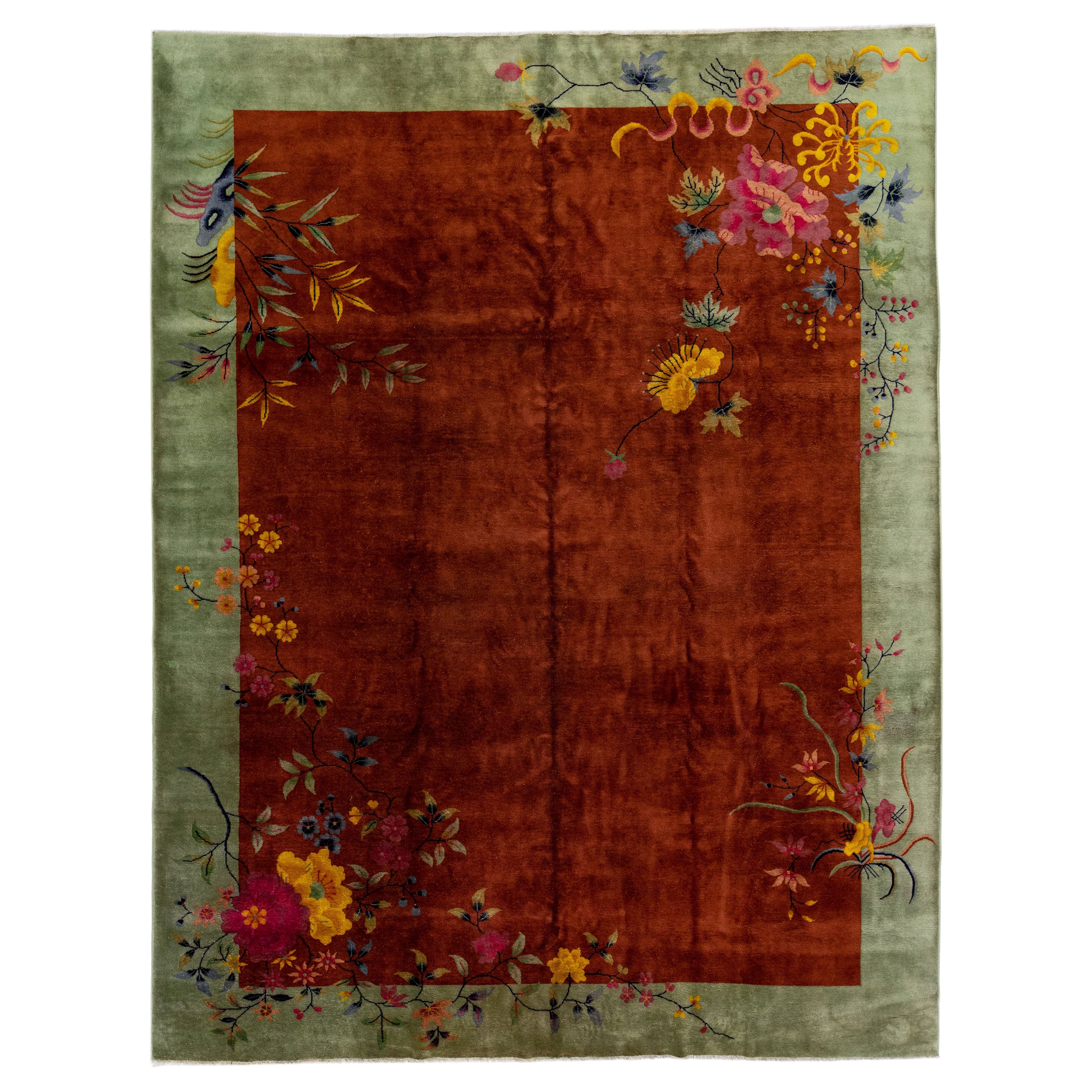 Antique Chinese Art Deco Handmade Brown & Green Wool Rug with Traditional Motif For Sale