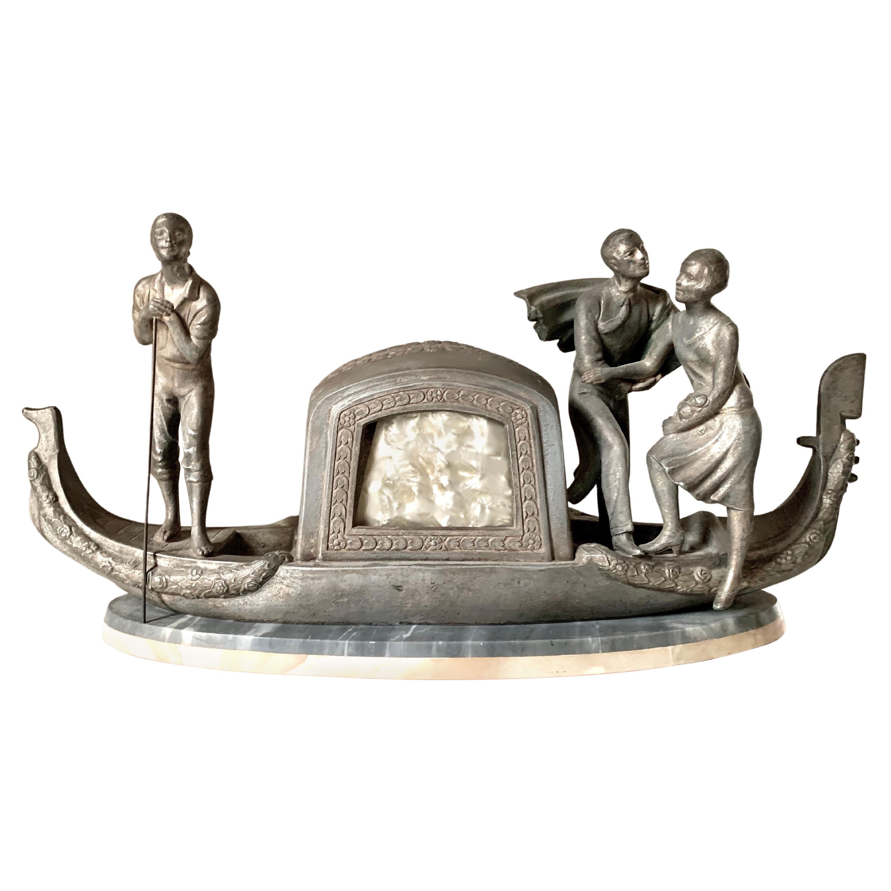 French Art Deco Pierre Sega Venetian Gondola Figural Silvered Metal Marble Lamp