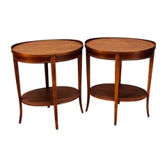 Oval Mahogany Inlaid Side Tables, Pair