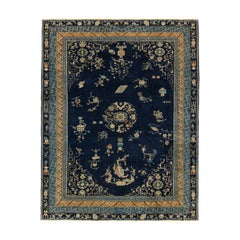 Antique Samarkand Art Deco Rug in Navy Blue with Medallions by Rug & Kilim