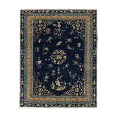 Tapis Art Déco Samarkand ancien en bleu marine avec médaillons par Rug & Kilim