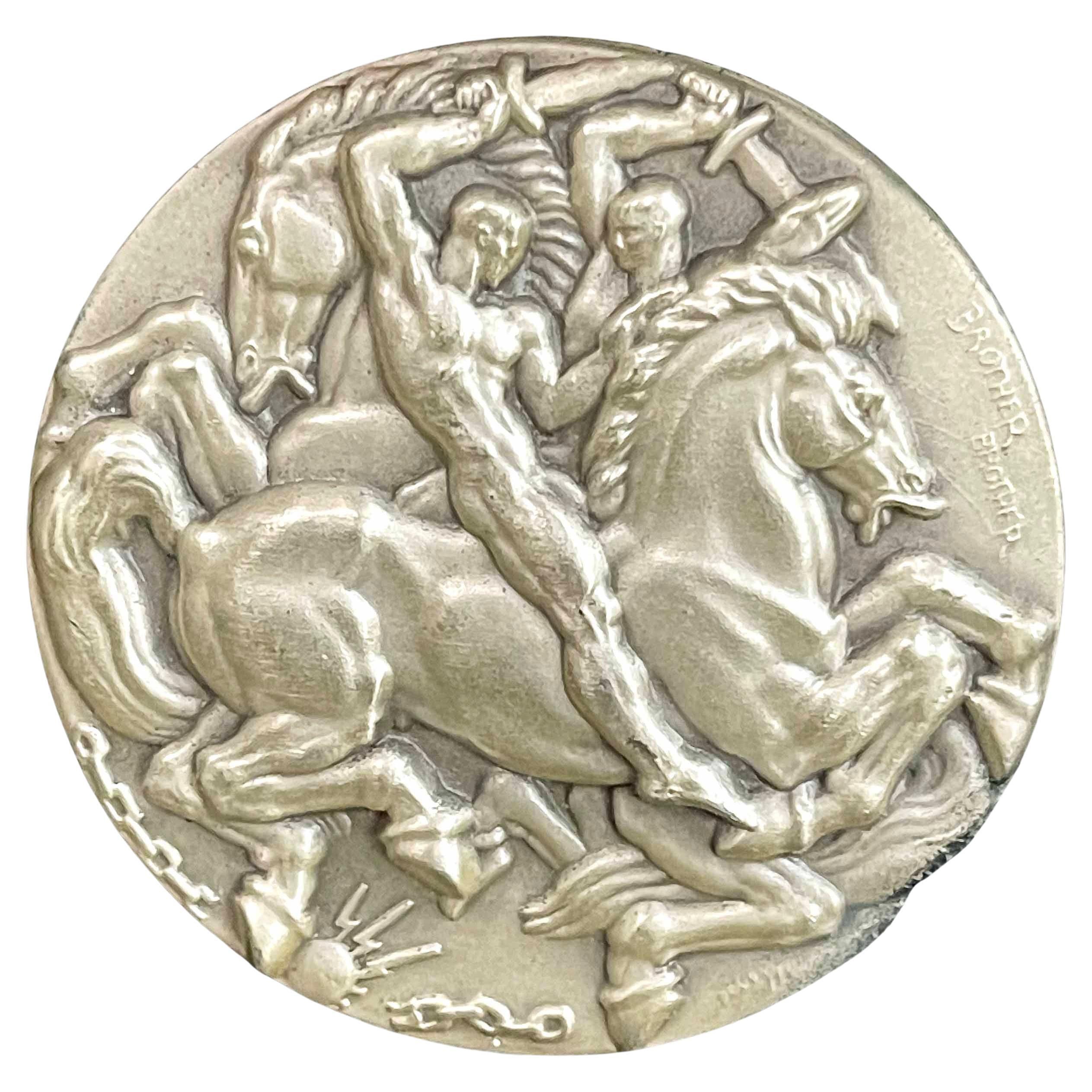 "Brother Against Brother, " Rare Art Deco Silver Medal/Sculptural Piece by De Lue For Sale