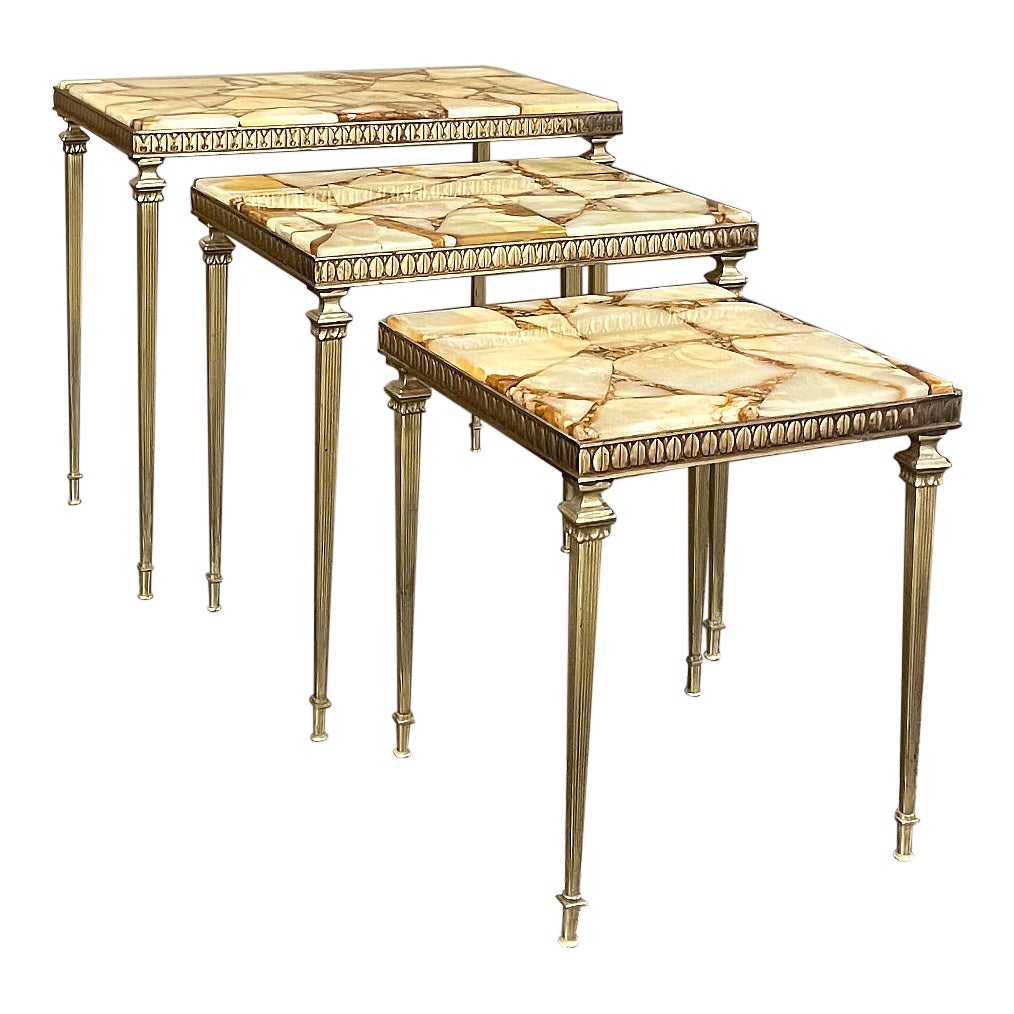 Set of Mid-Century Brass & Marble Nesting Tables For Sale