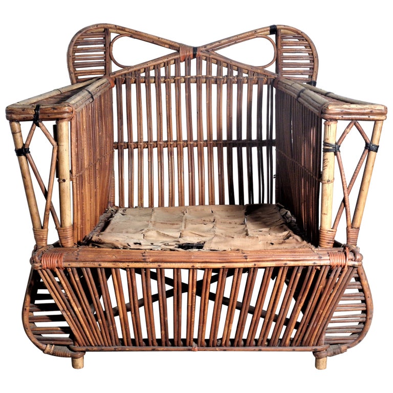 Rare Art Deco Stick Wicker Rattan Lounge Chair For Sale at 1stDibs