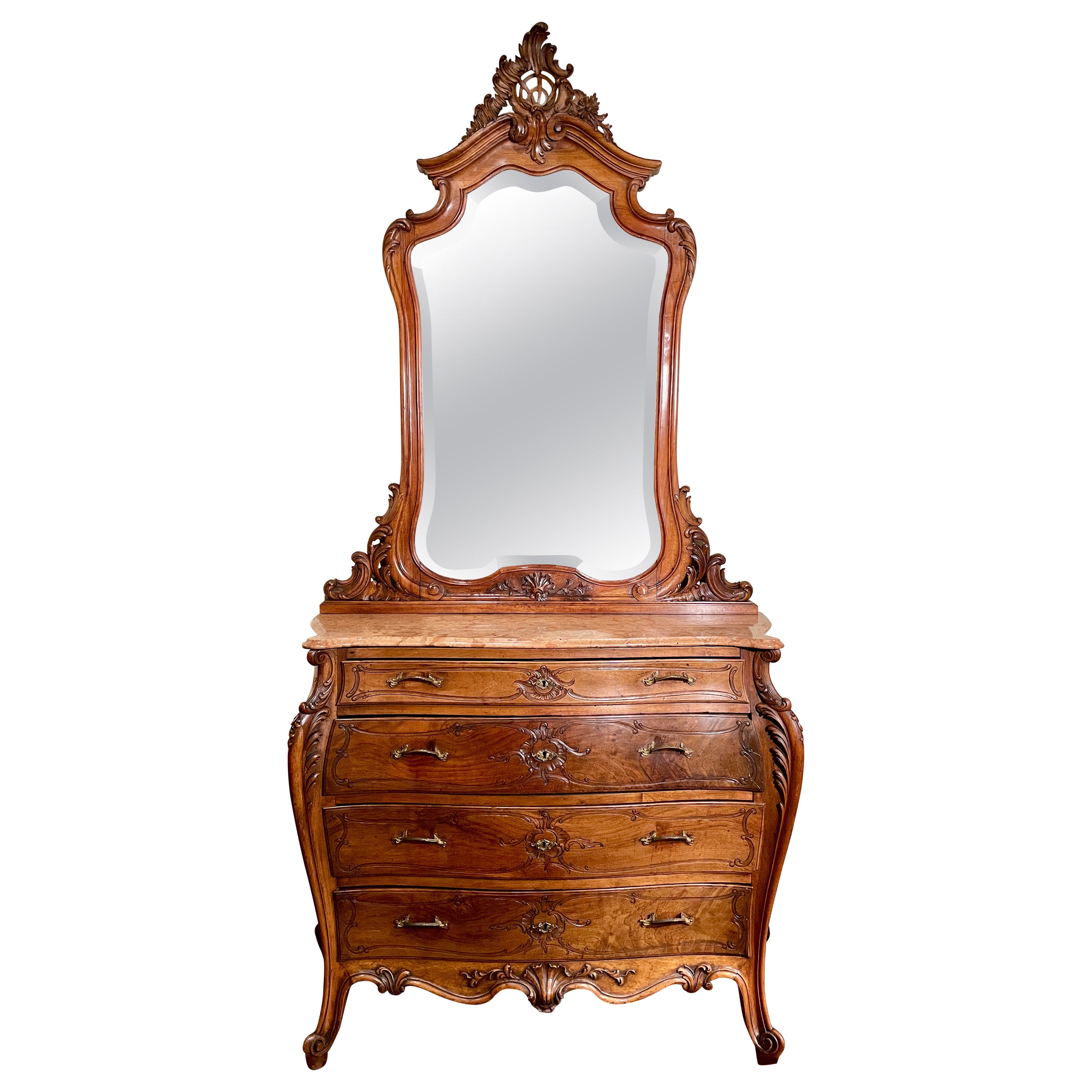 Antique French Walnut & Marble-Top Bombè Chest of Drawers with Mirror Circa 1890 For Sale