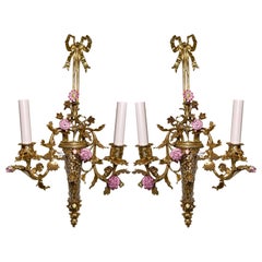 Pair Antique French Louis XVI Bronze D' Ore & Dresden Porcelain Flower Sconces