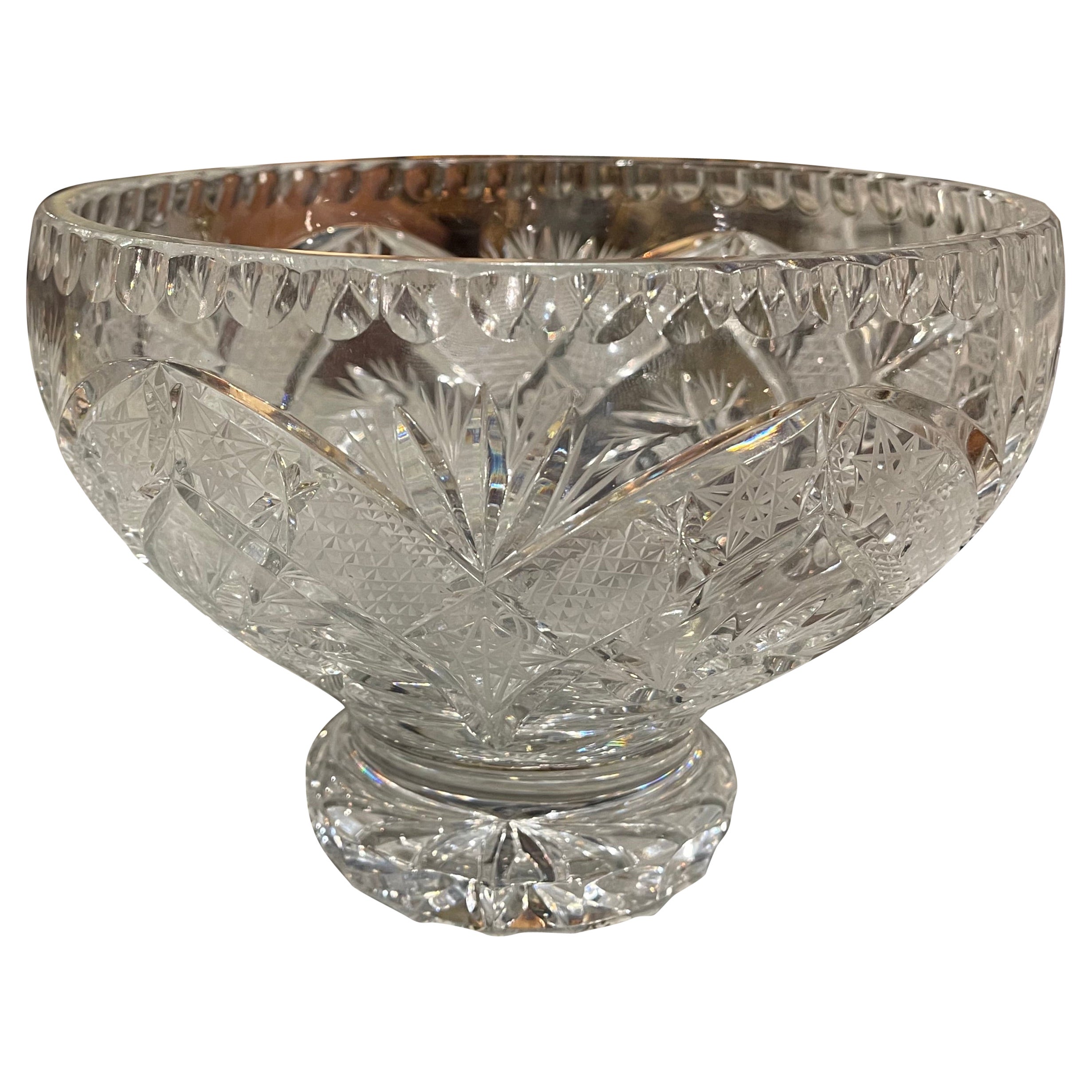 Midcentury French Cut Glass Crystal Decorative Compote Centerpiece Bowl For Sale