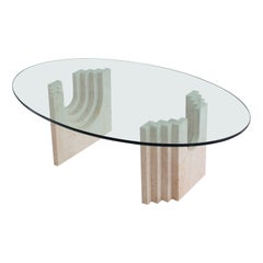 Post Modern Architectural Travertine Coffee Table With Glass Top