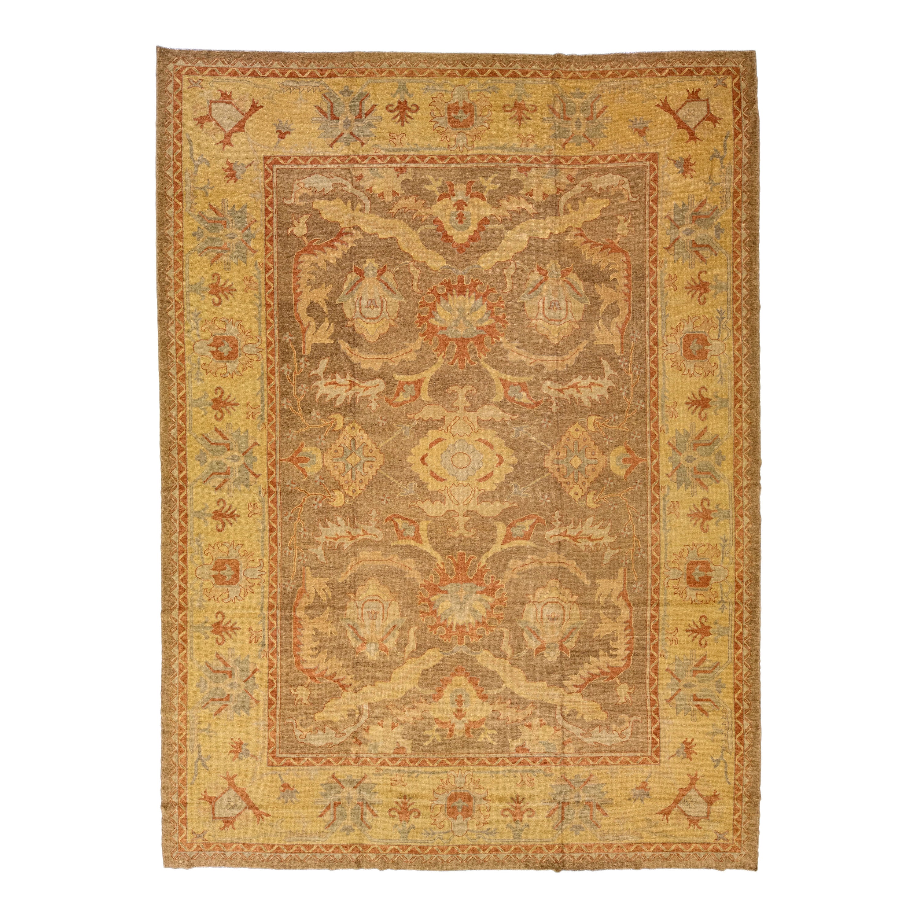 Modern Designed Turkish Oushak Handmade Brown Wool Rug with Floral Motif For Sale