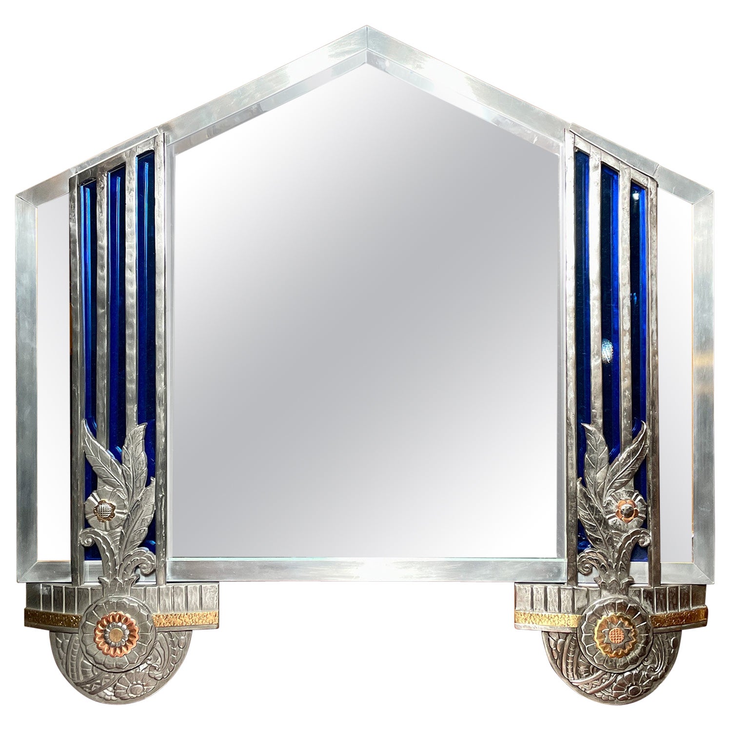 Estate Art Deco Mid-20th Century Steel and Cobalt Glass Mirror For Sale