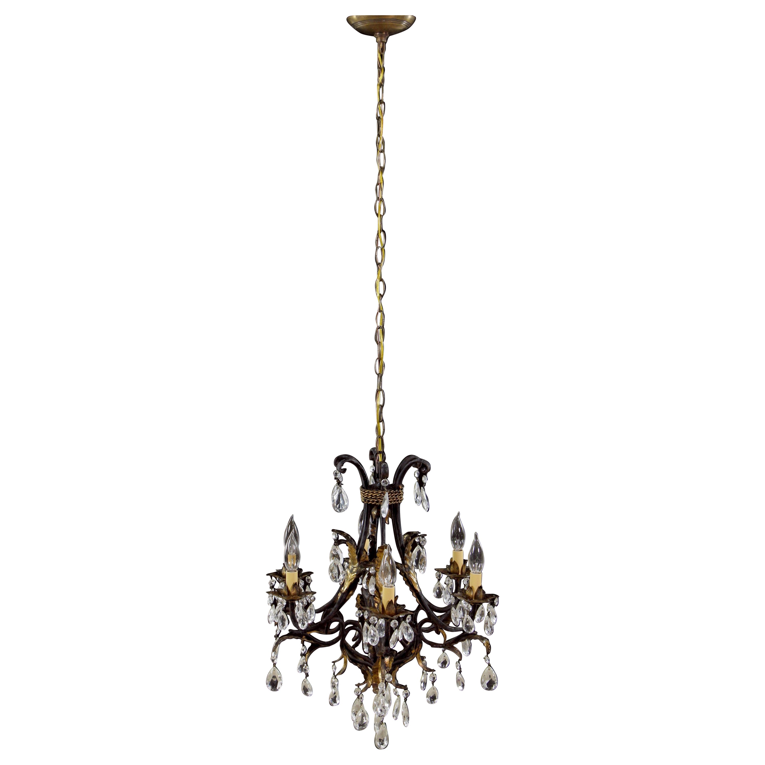1940s Empire Brass Chandelier Gold and Black Details w/ Torch and