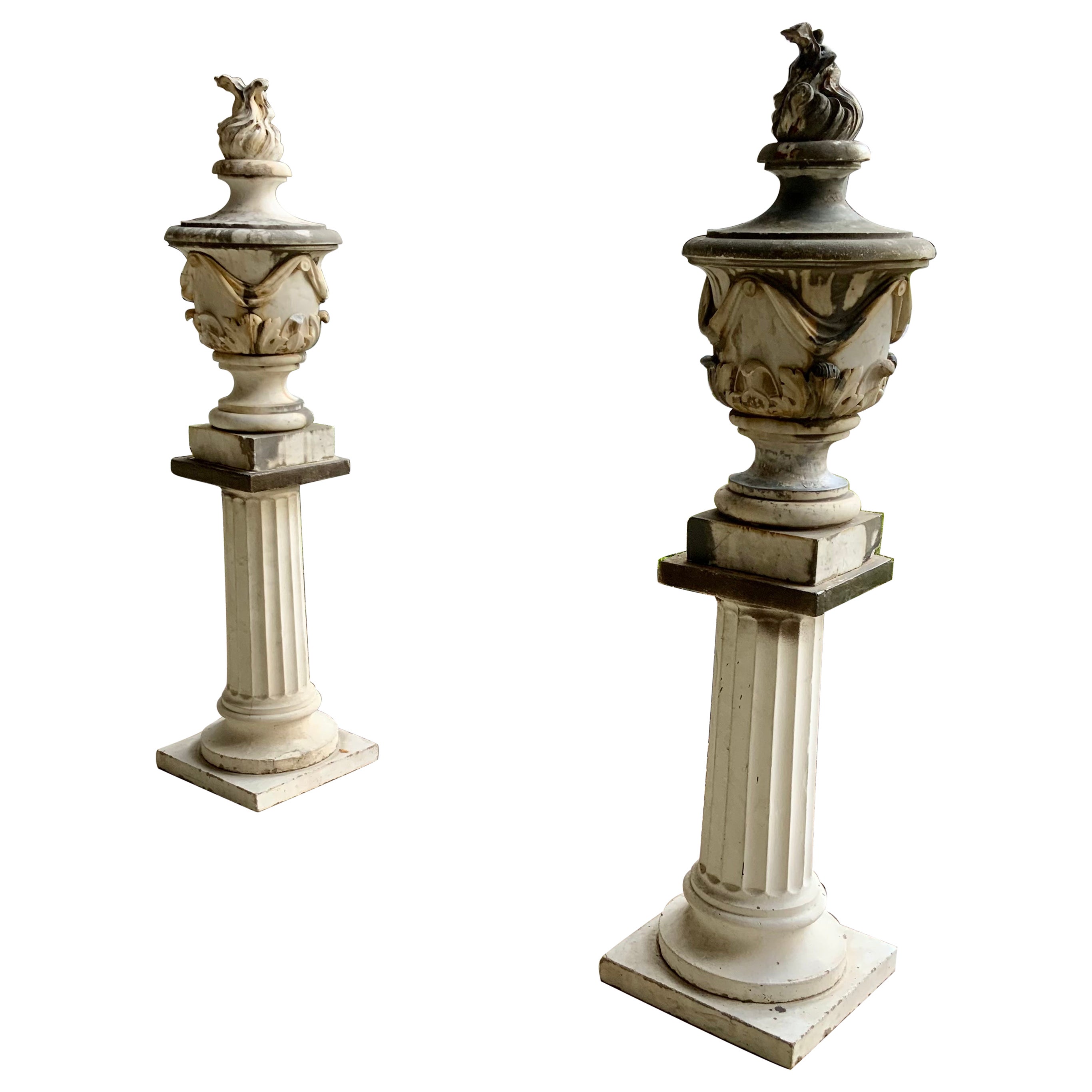 Pair of Antique Marble Carved Urns on Pedestals For Sale
