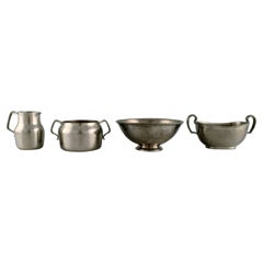 Vintage Just Andersen (1884-1943), Denmark. Art Deco pewter creamer and three bowls.