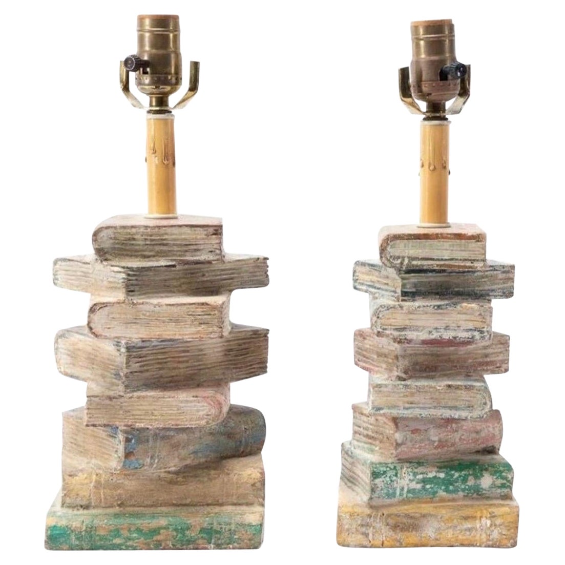Mid-20th Century Distressed Faux Stacked Book Table Lamps, Pair