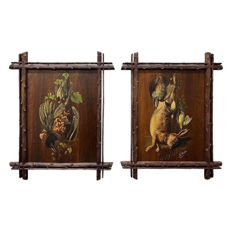 19th Century Trompe l'Oeil Rabbit and Pheasant Oil Paintings, Framed, a ...