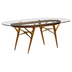 Ico Parisi: Stunning Oval Dining Table in Elm, Glass, and Bronze, Italy 1950s