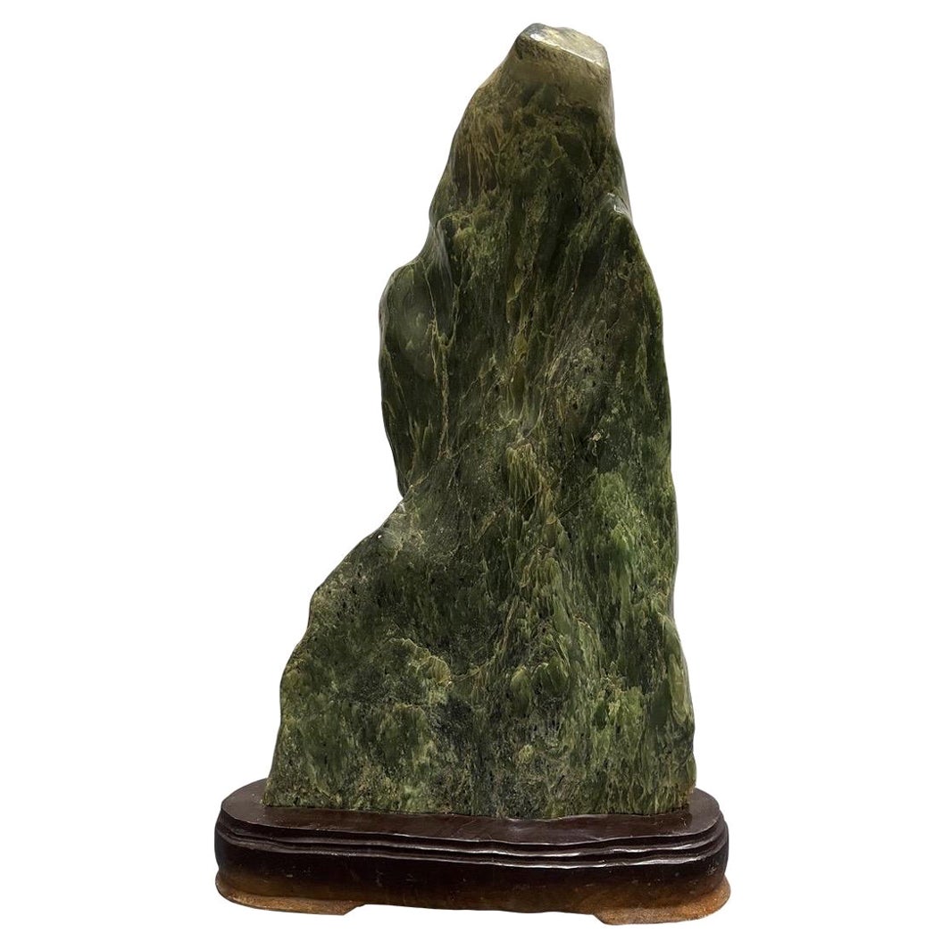 Early 20th Century Antique Chinese Green Serpentine Scholar Rock Diety Stone For Sale