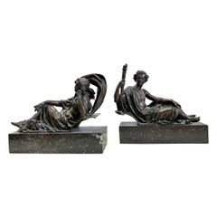 19th-C. Neo-Classical Style Bronze & Marble Reclining Male / Female Statues, S/2