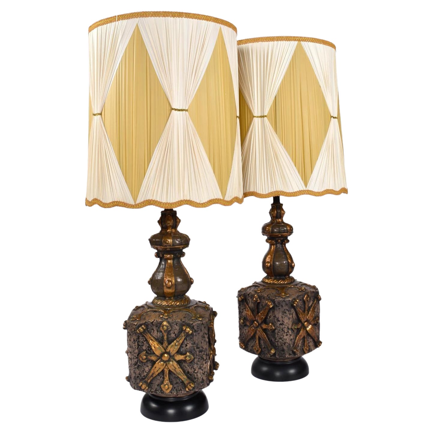 Pair of Large Brown Gold and Black Brutalist Lamps with Pleated Shades For Sale