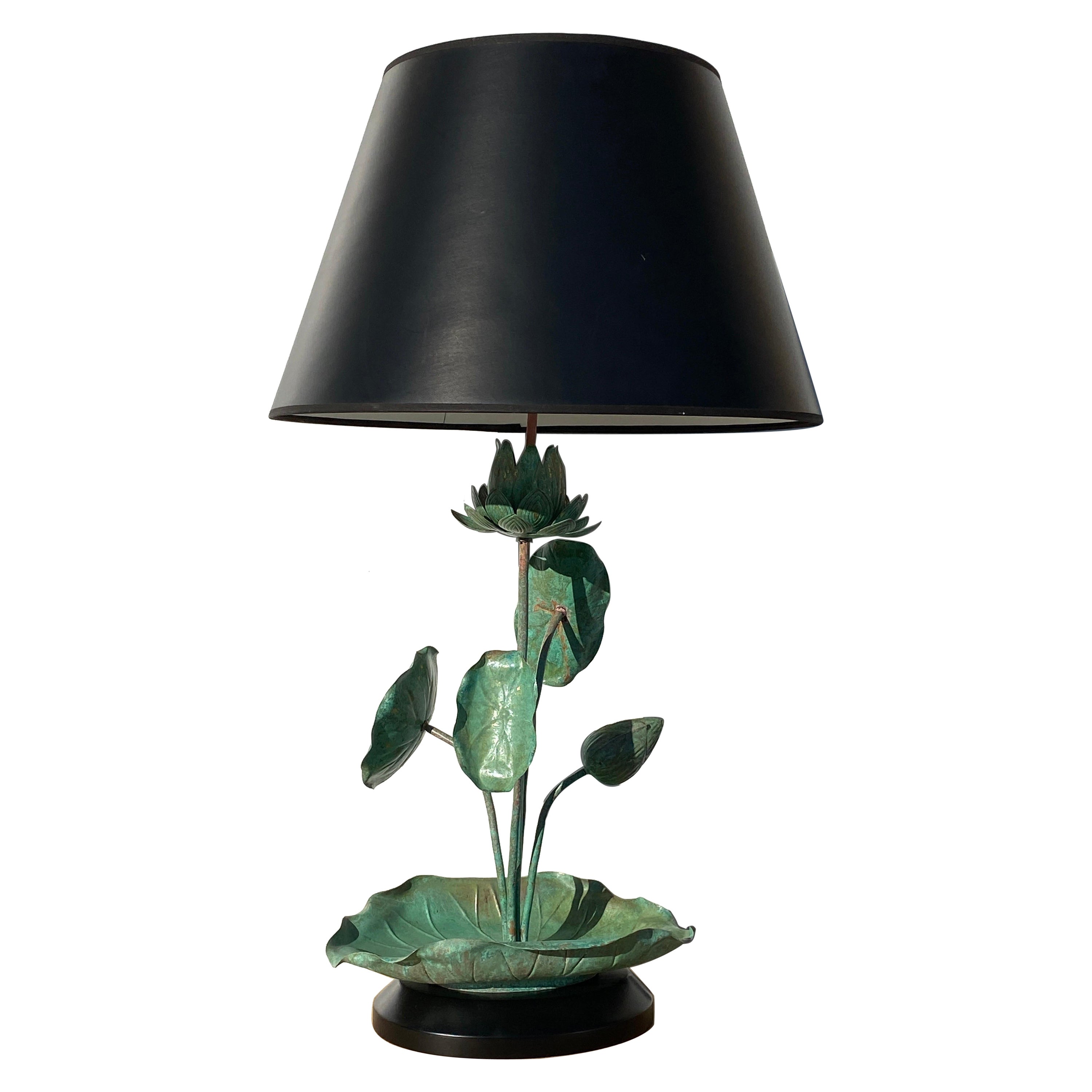 Brass Lotus Lamp in Verdigris Patina For Sale