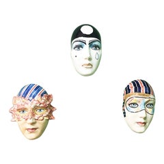 Masques à trois masques en céramique vintage des années 1950, Art