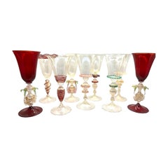 1295 Murano Art Glass Goblets, Set of 9 Pieces