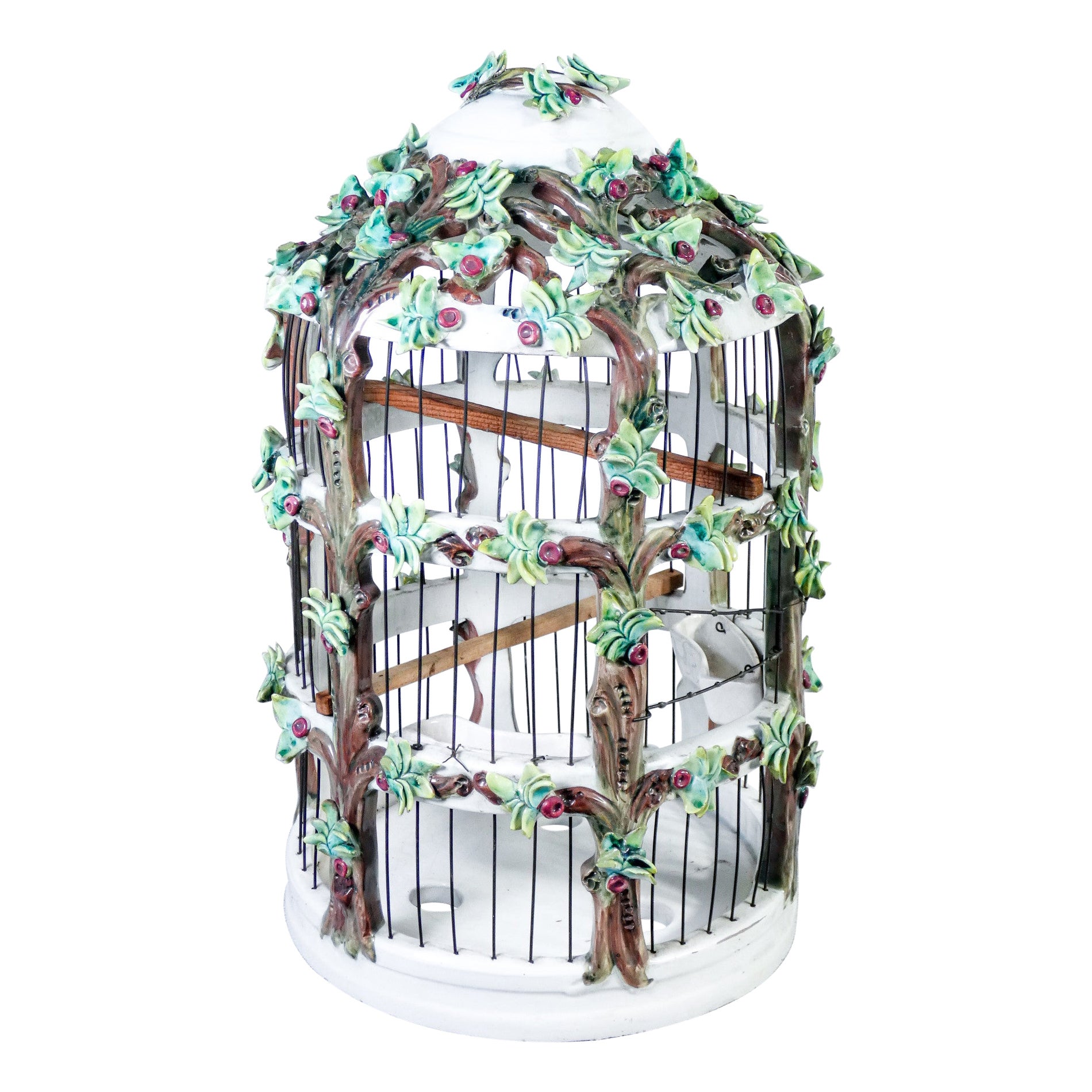 Hand Painted Ceramic Aviary, Italian Manufacture, Early Twentieth Century For Sale