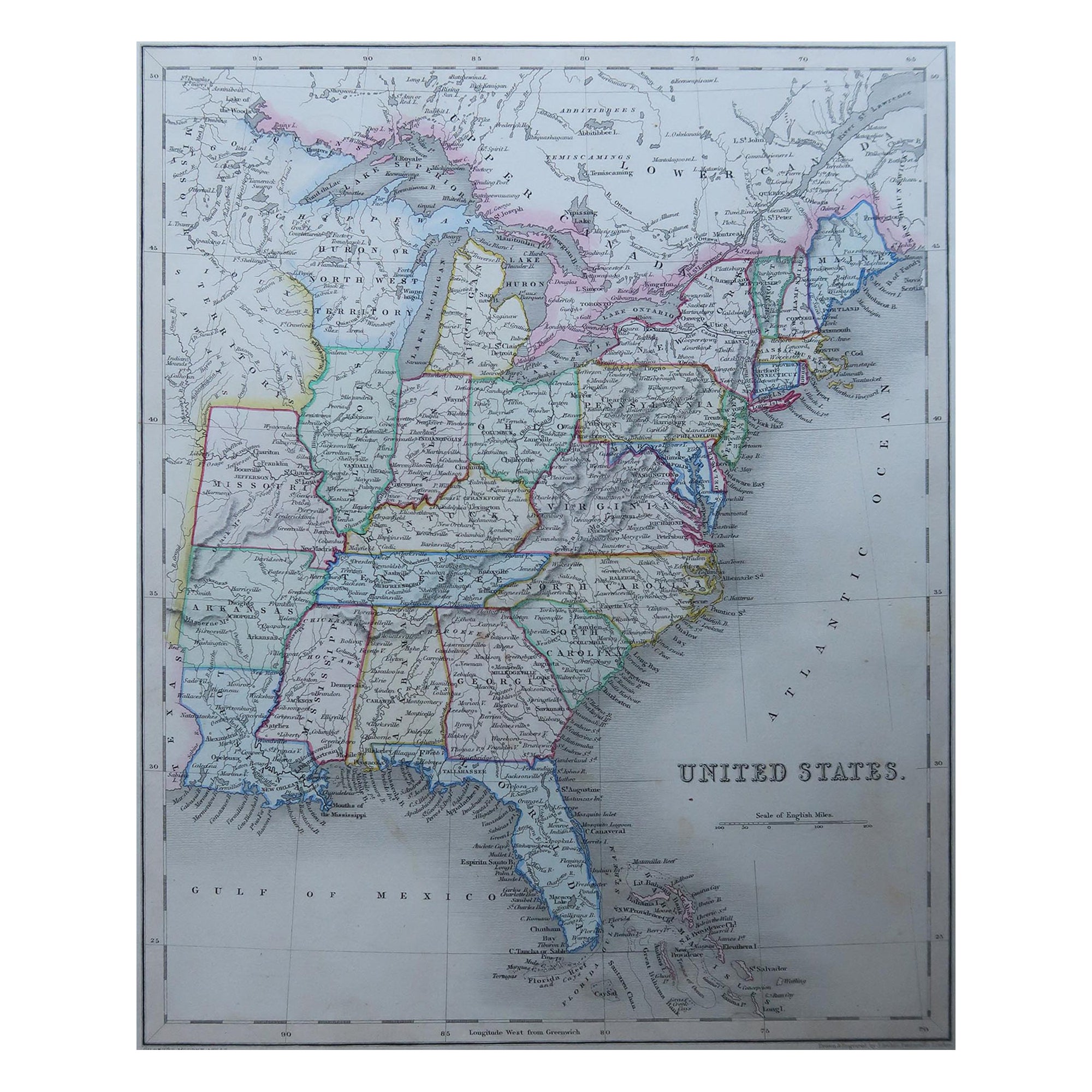 Carte ancienne originale des États-Unis, Grattan et Gilbert, 1843 en vente