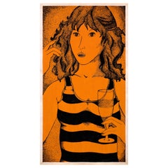 Retro Original 70's Hand Painted Textile Design Gouache Orange & Black Color on Paper