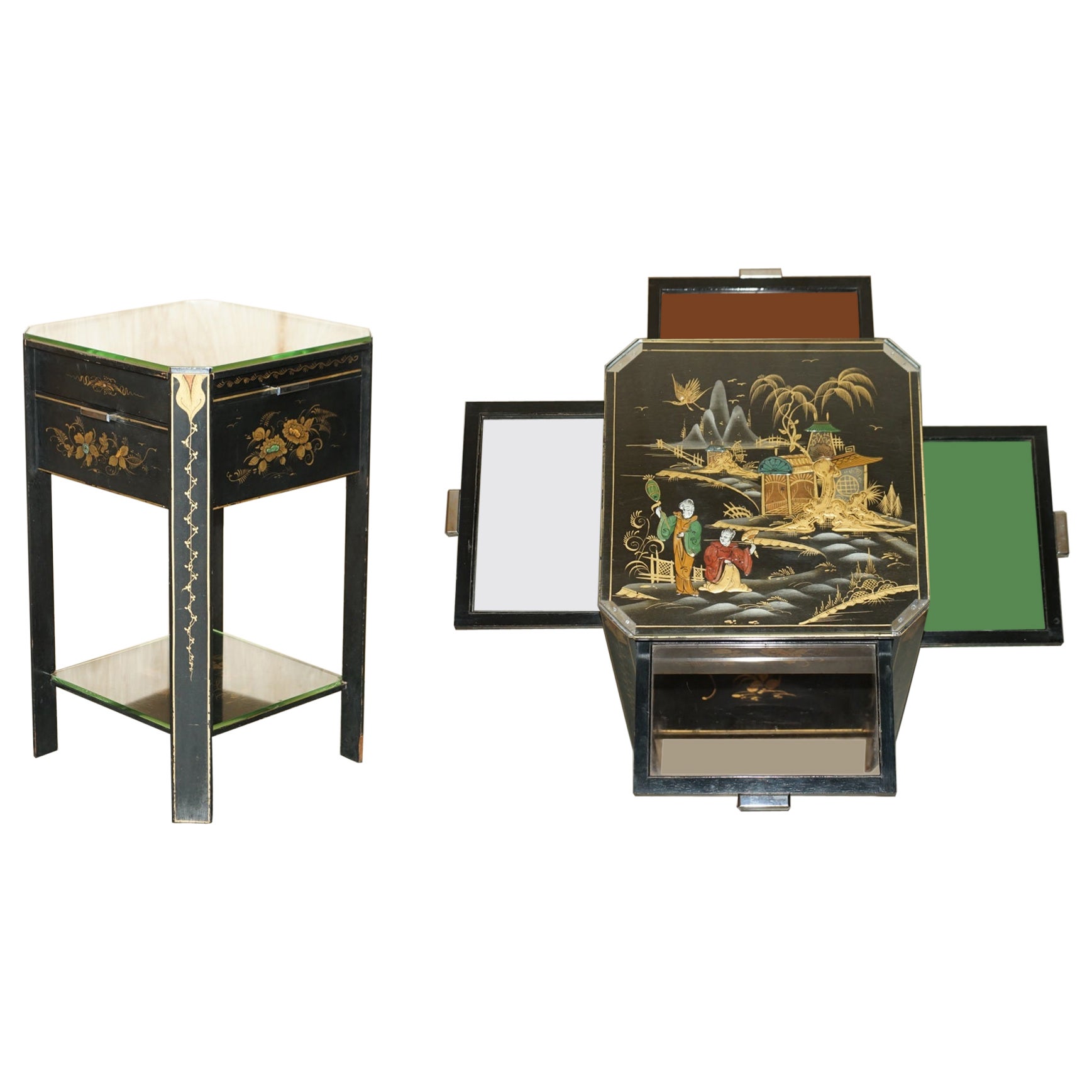 Antique Victorian circa 1880 Chinese Chinoiserie Lacquered Side End Lamp Table For Sale