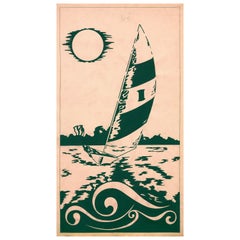 Retro Original 70's Hand Painted Textile Design Gouache Green Color on White Paper