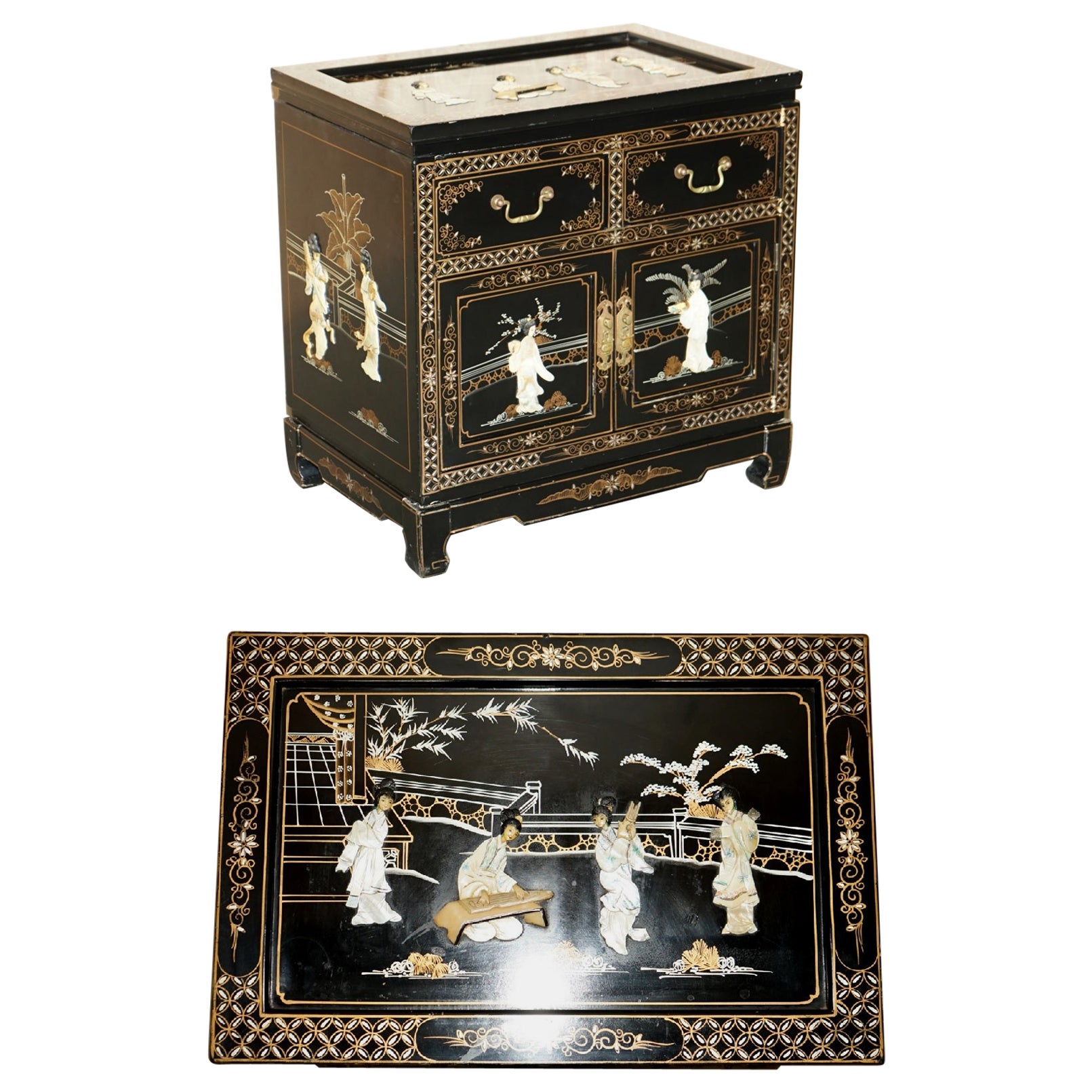 Stunning CHINOISERIE GEISHA GIRLS LACQUER SiDE CABINET SOAPSTONE