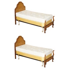 Pair of Antique Burr Walnut circa 1900 Single Beds with Divans and Mattresses