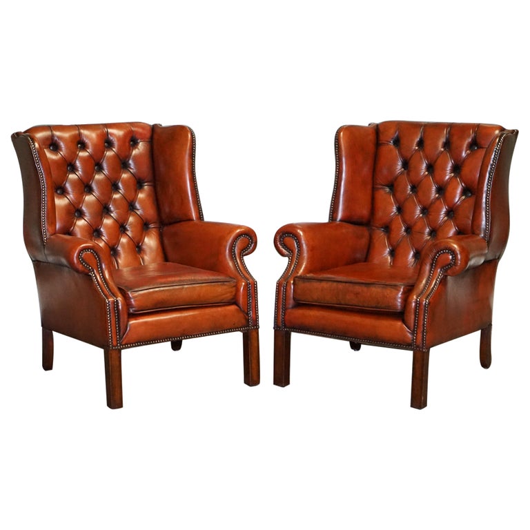 Stunning Pair of Burgundy Brown Leather Hand Dyed Wingback Chairs For