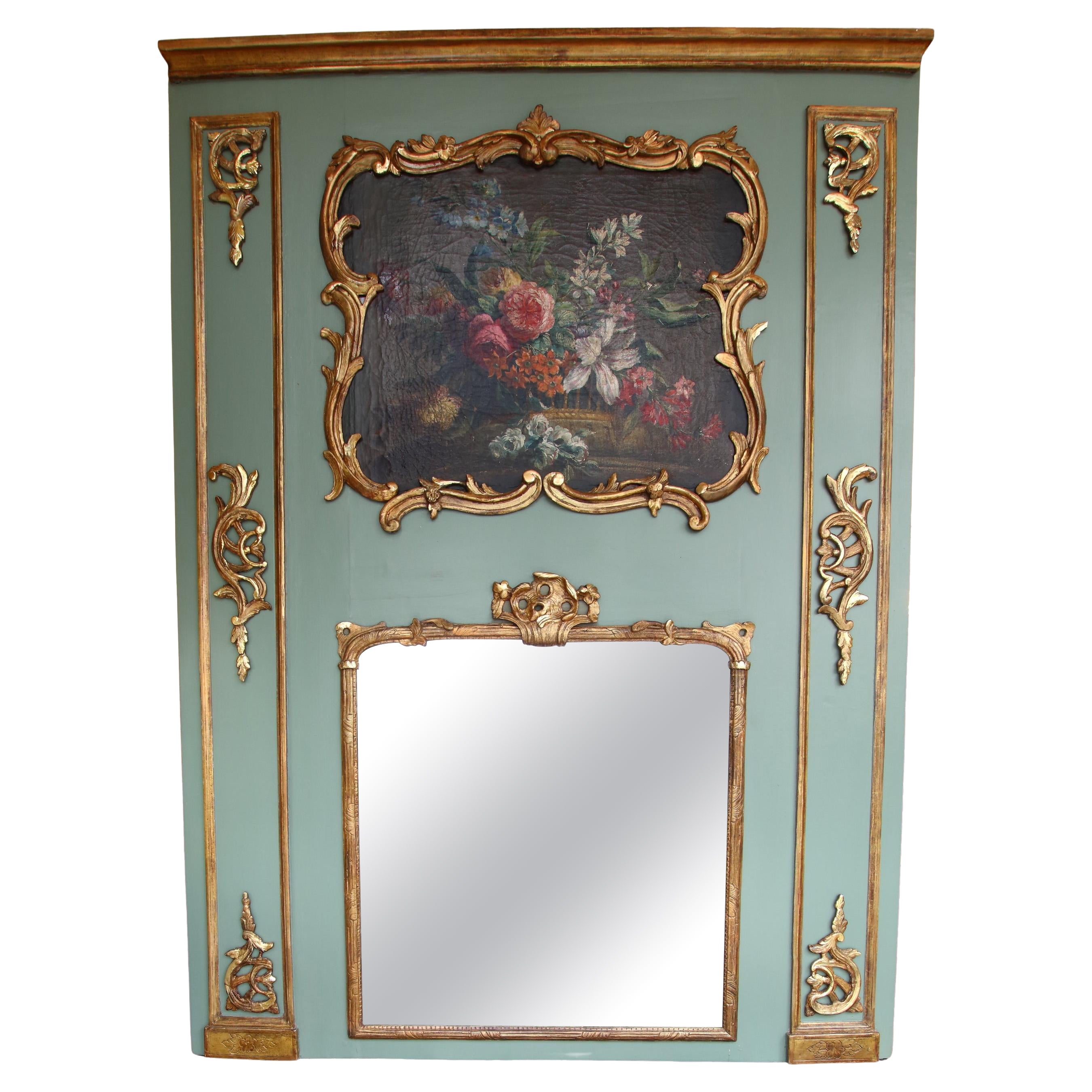 18th Century French Louis XV Period Flower Still Life Trumeau Wall Mirror For Sale