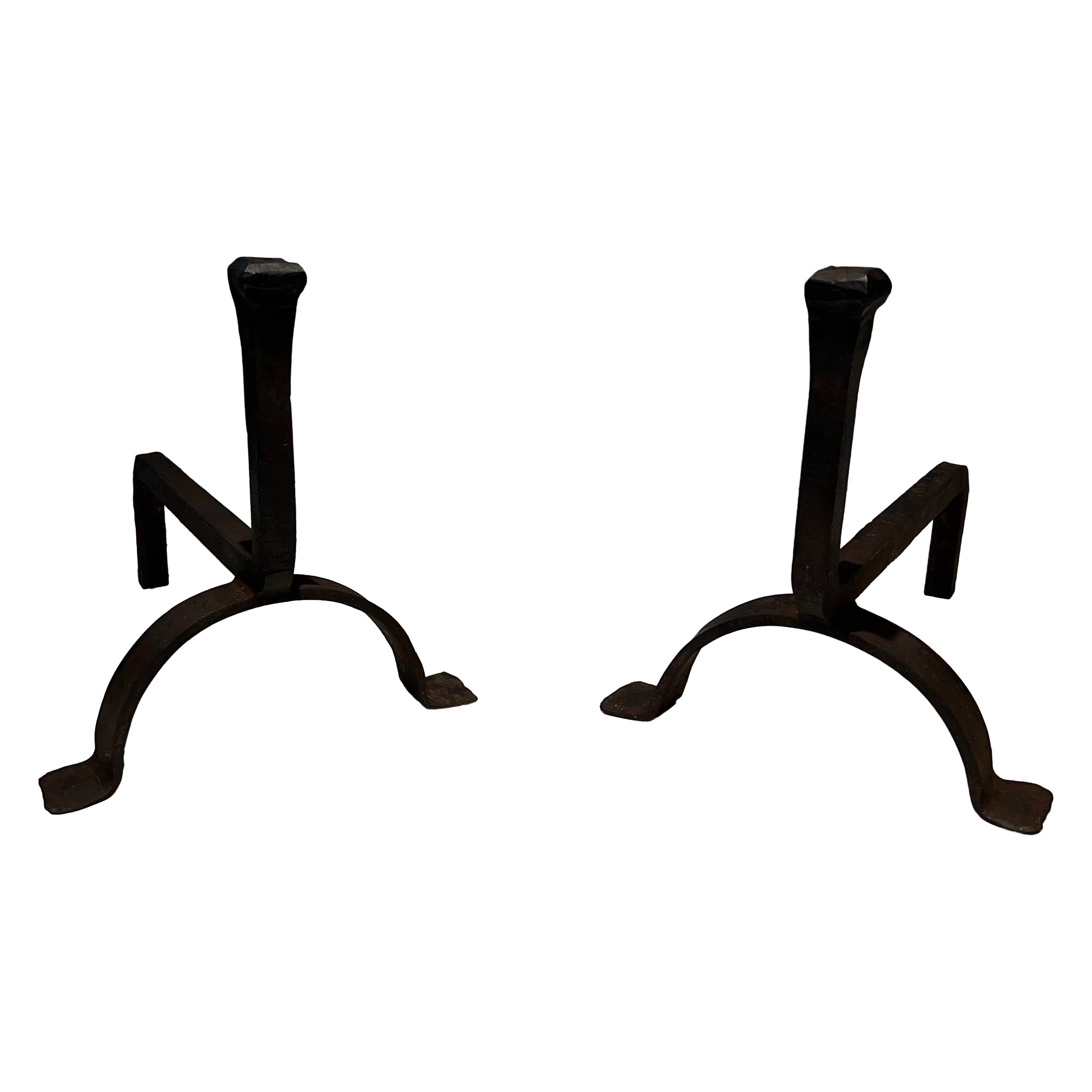 Pair of Cast Iron and Wrought Iron Andirons For Sale