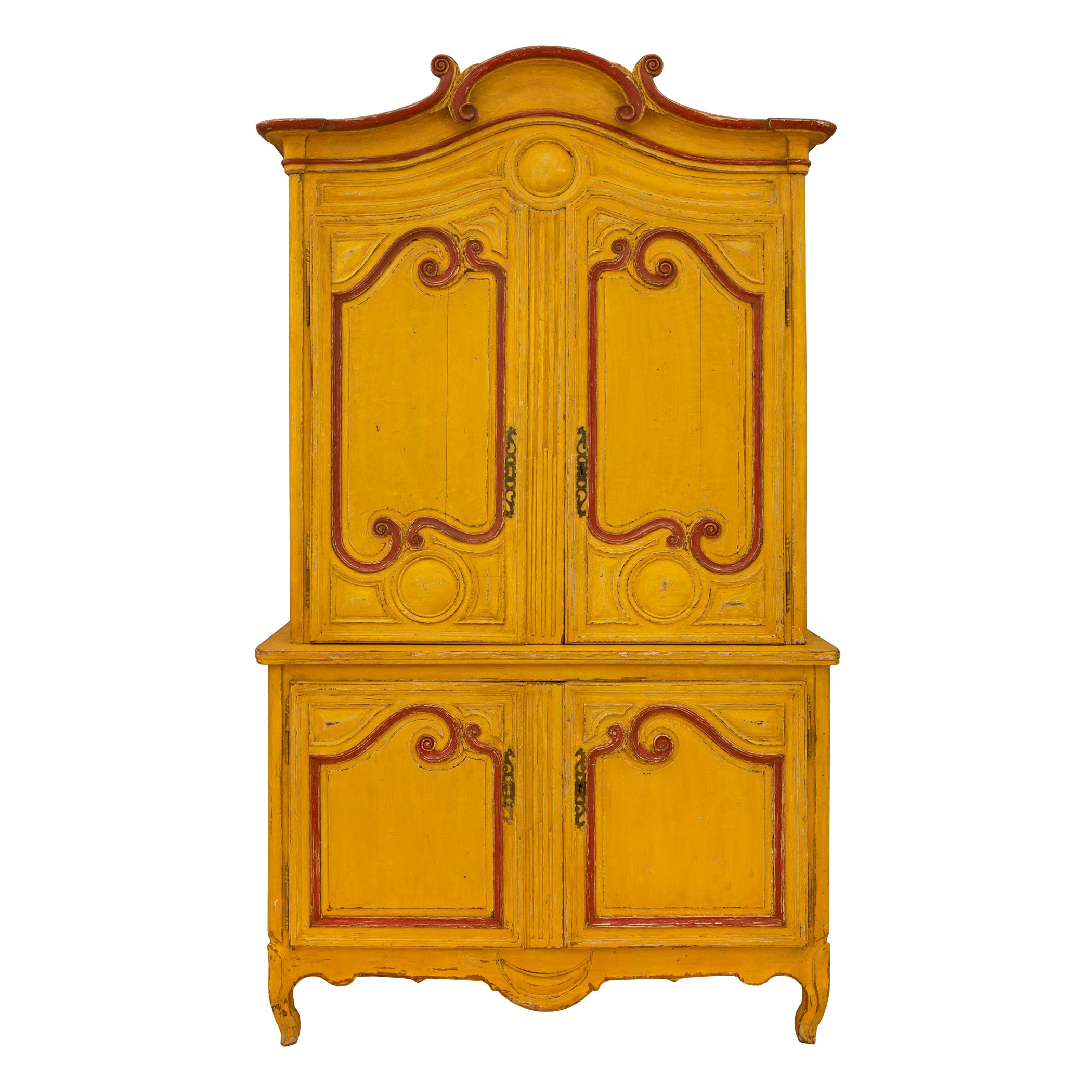 Cabinet Deux-Corps italiano del XVIII secolo del periodo Luigi XV in legno patinato