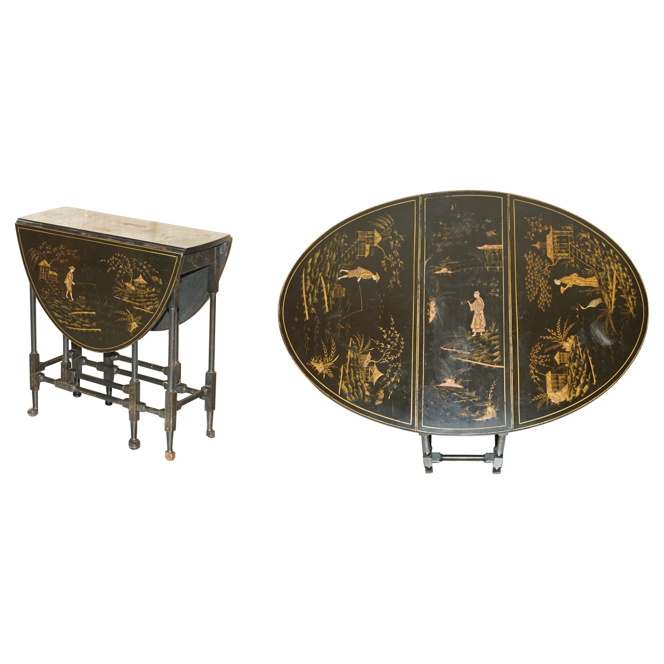 Fine Antique circa 1880 Chinese Chinoiserie Lacquered Gateleg Sutherland Table For Sale