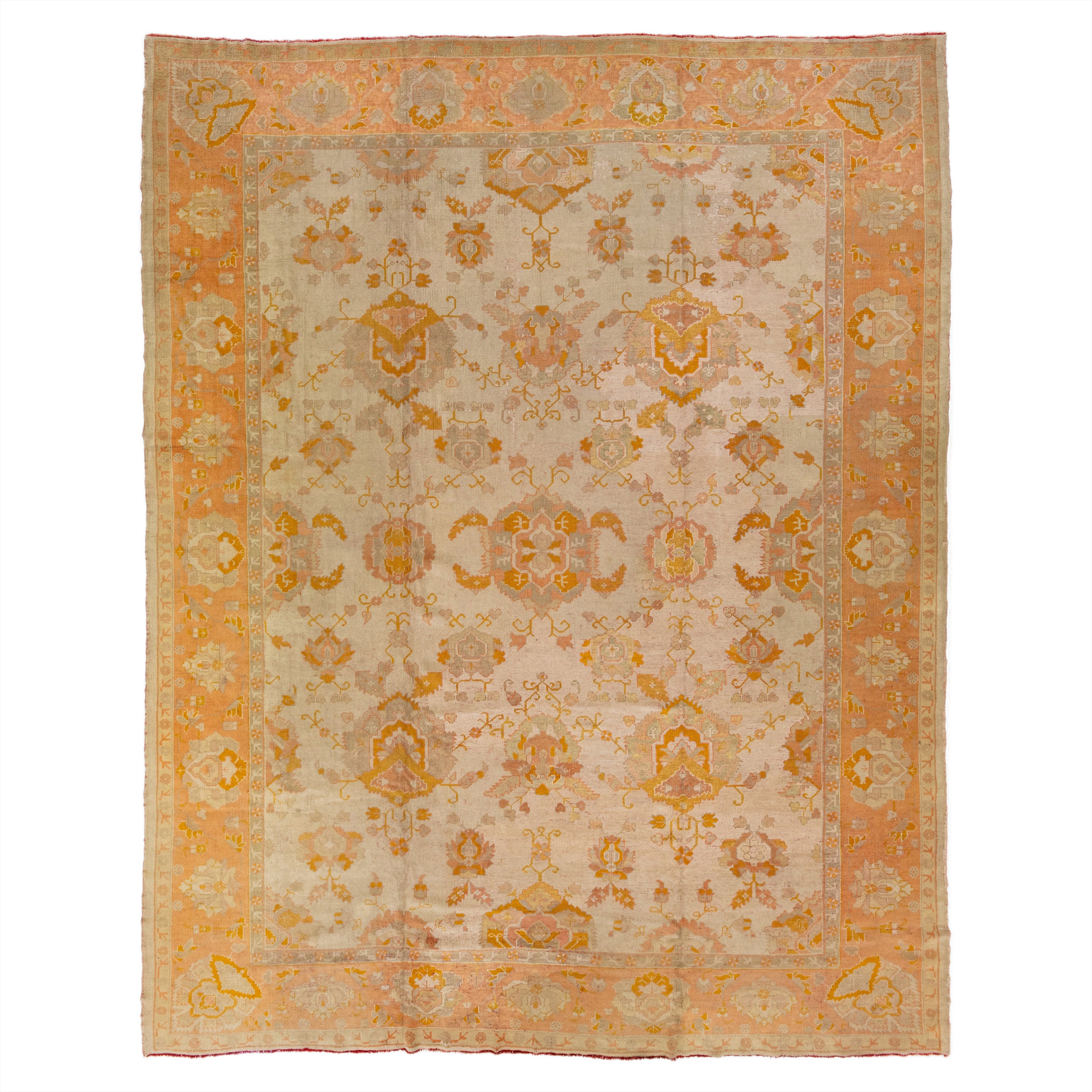 Beige & Orange Antiker Türkischer Oushak Handgefertigter Floraler Wollteppich 