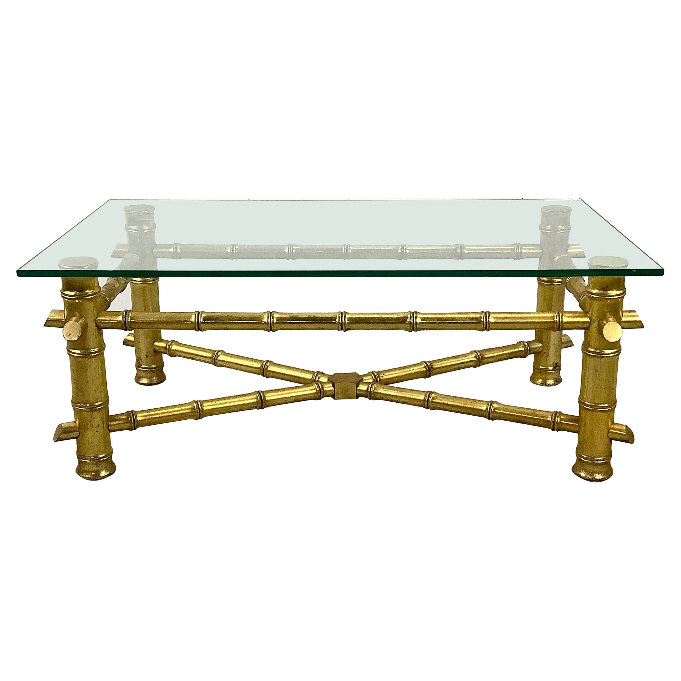 Table basse moderne vintage en faux bambou et plateau en verre