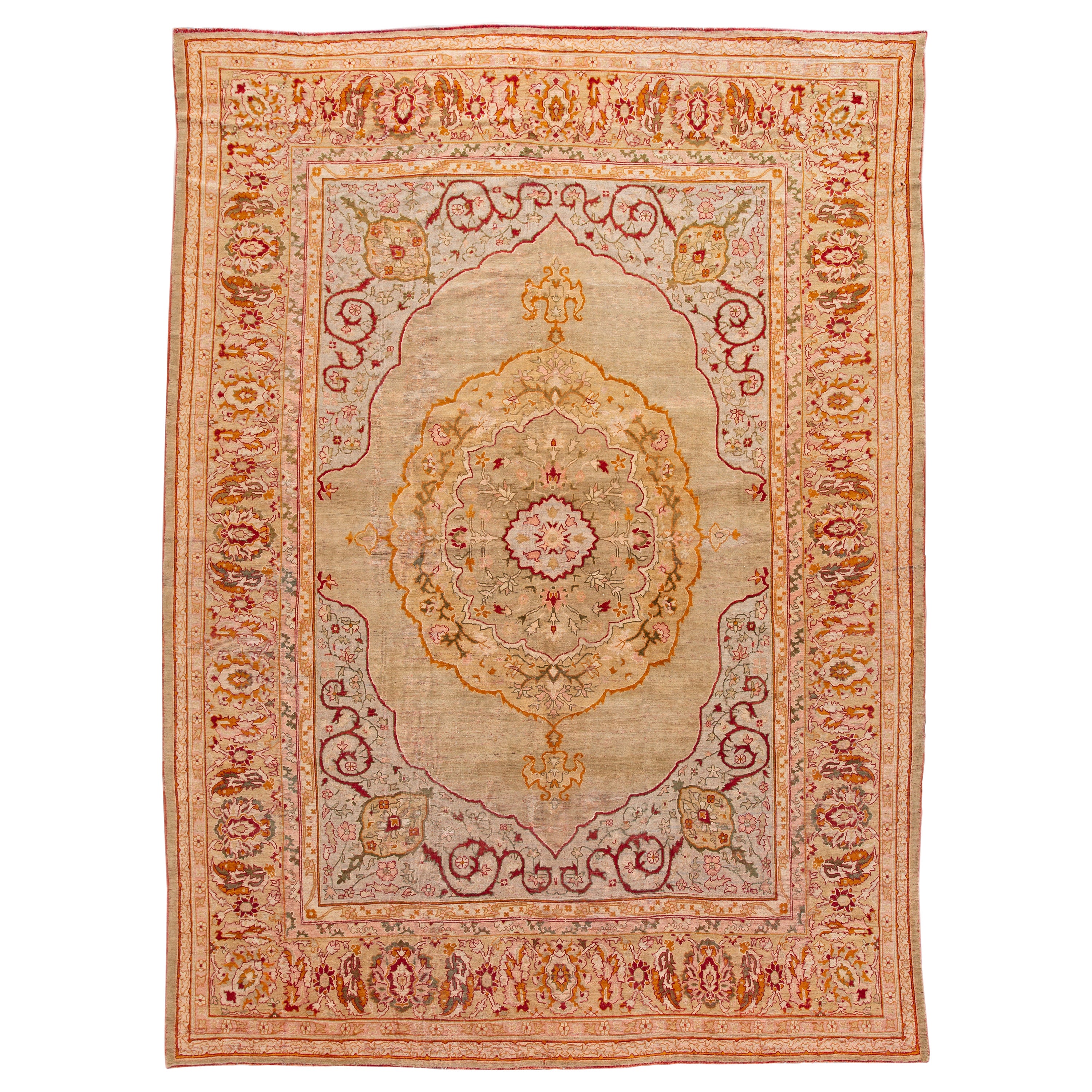 Multicolor Antique Turkish Oushak Handmade Wool Rug Wool with Medallion Motif For Sale