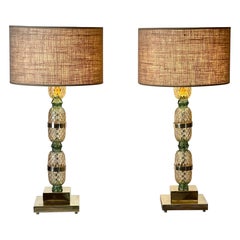 Late 20th Century Pair of Brass & Yellow/Green "Pineapple" Glass Table Lamps