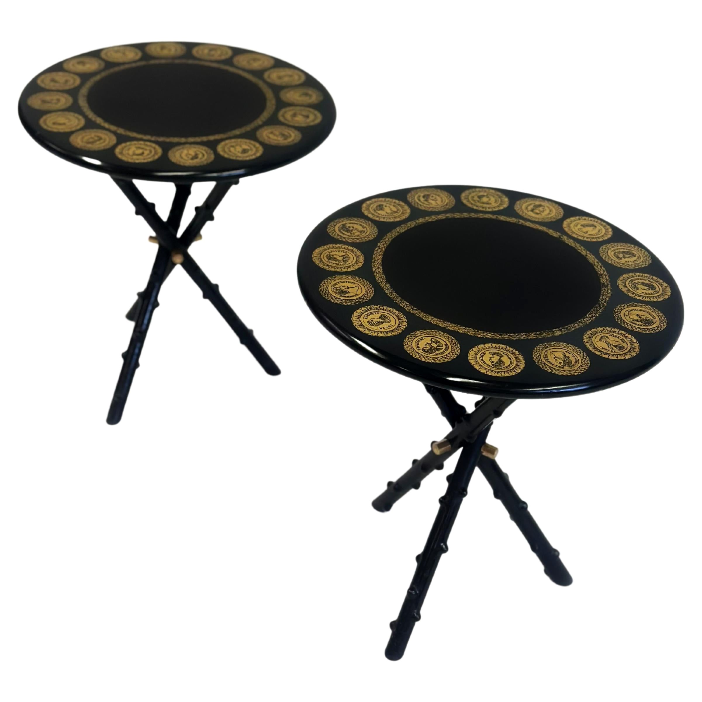 Pair Italian Midcentury Lacquer & Screenprint Side Tables by Piero Fornasetti