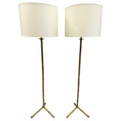 Vintage Pair of Large French Brass Faux Bamboo Floor Lamps in the style of Jacques Adnet