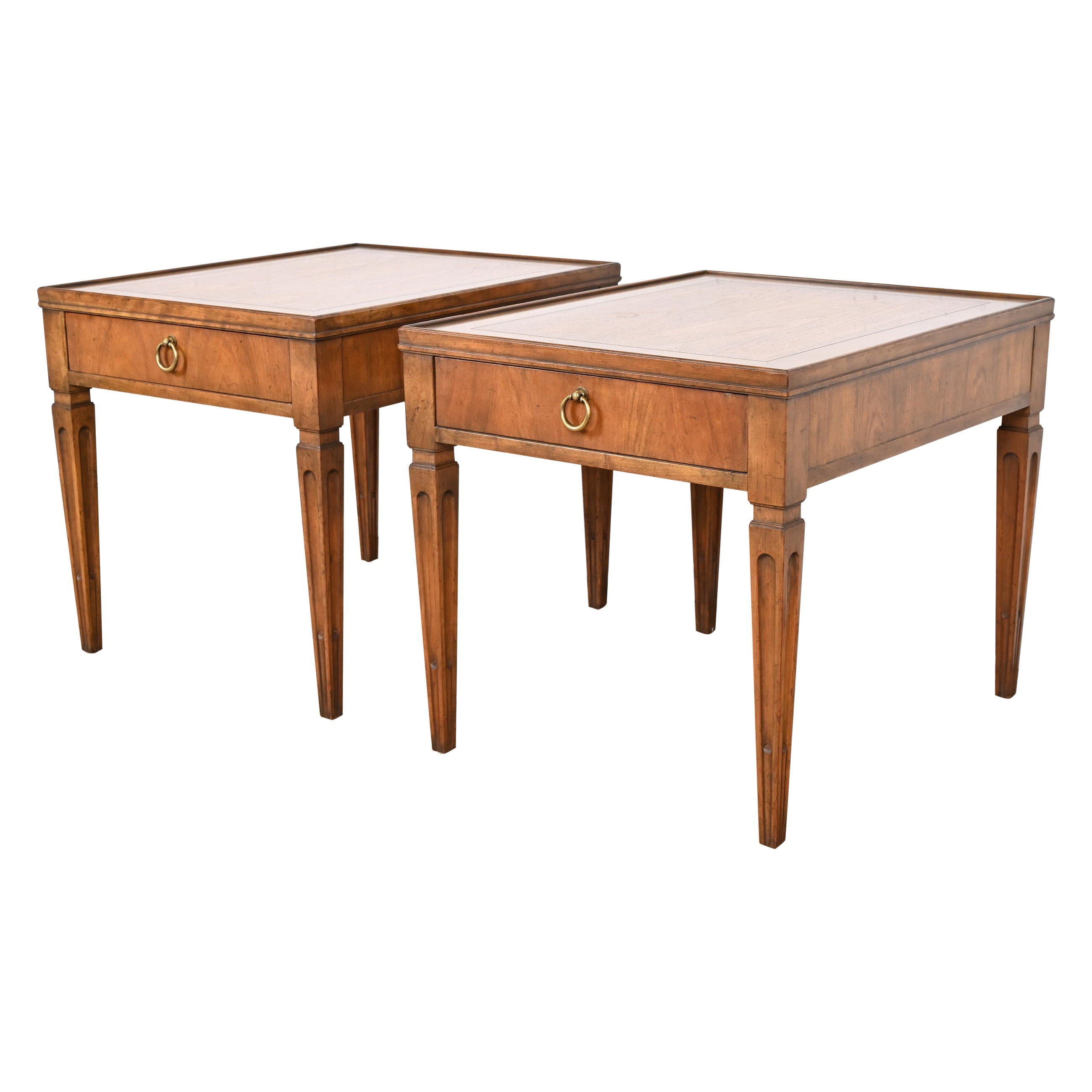 Baker Furniture French Regency Louis XVI Walnut Nightstands or End Tables, Pair