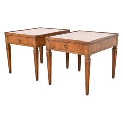 Baker Furniture French Regency Louis XVI Walnut Nightstands or End Tables, Pair