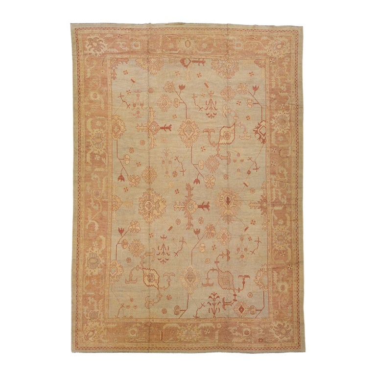 Oversize Modern Turkish Oushak Handmade Beige Floral Wool Rug For Sale