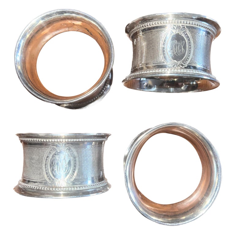 4 Set of 19th C Sterling Silver Engraved Napkin Rings at 1stDibs