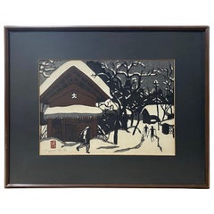 Kiyoshi Saito Signed & Sealed Japanese Woodblock Print Winter in Aizu the Skiers